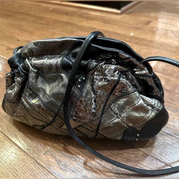 Vintage 80s Clemente Black & Silver Metallic Snakeskin Leathe Purse Clutch, RARE - Picture 7 of 14